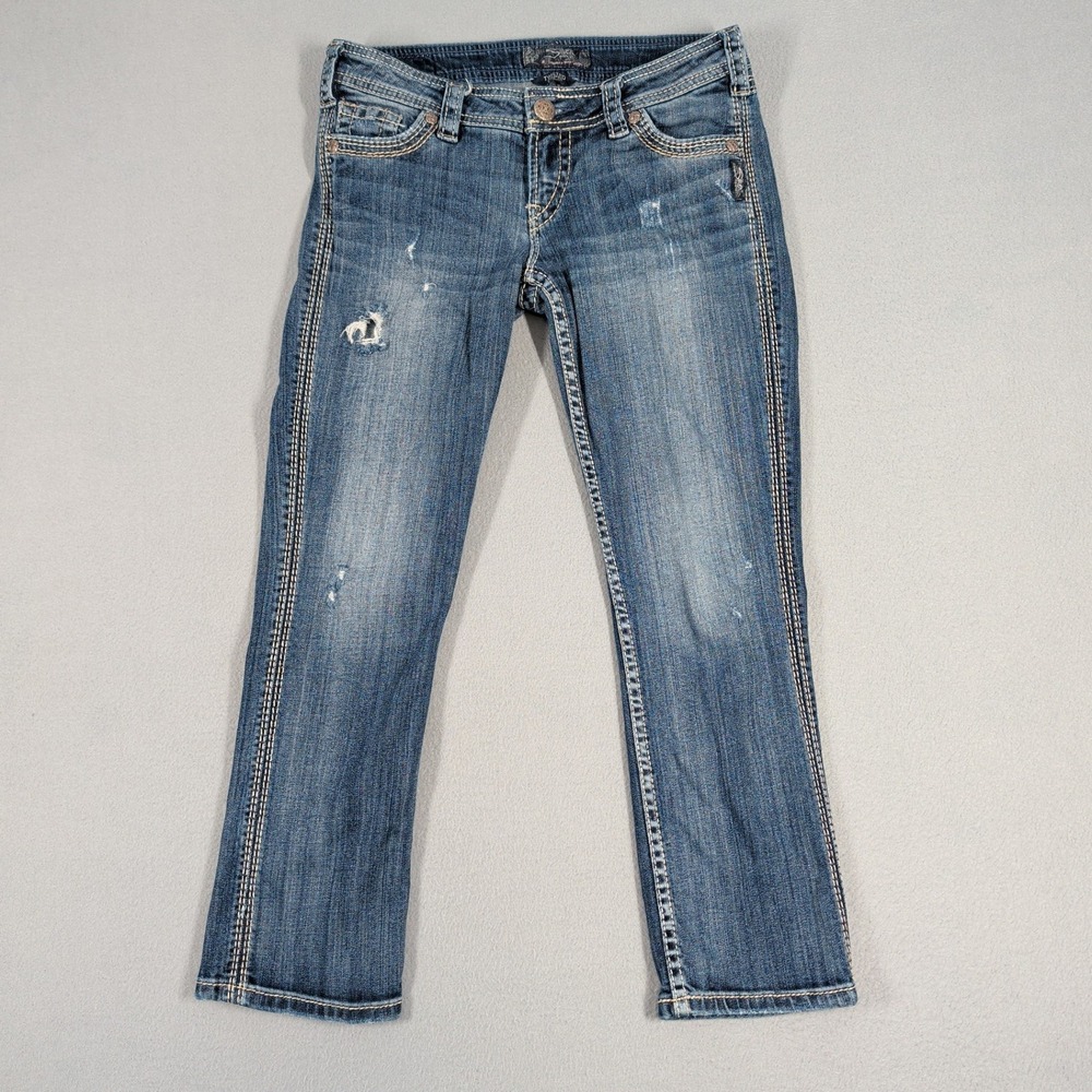 Silver Jeans Capri Womens 27 Blue Twisted Capri Distressed Denim Y2K Cropped
